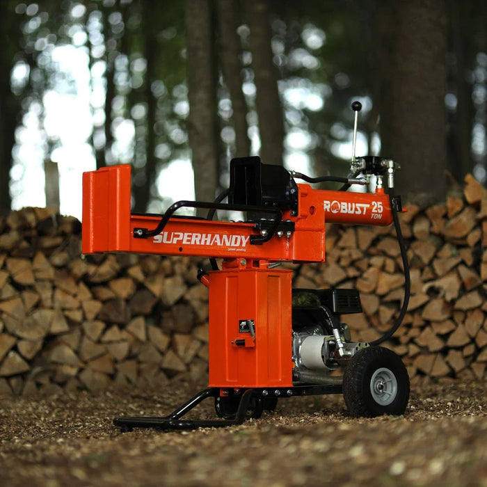 Super Handy | 25-Ton Gas Log Splitter standing on wood chips with split logs in the background, ideal for heavy-duty use.